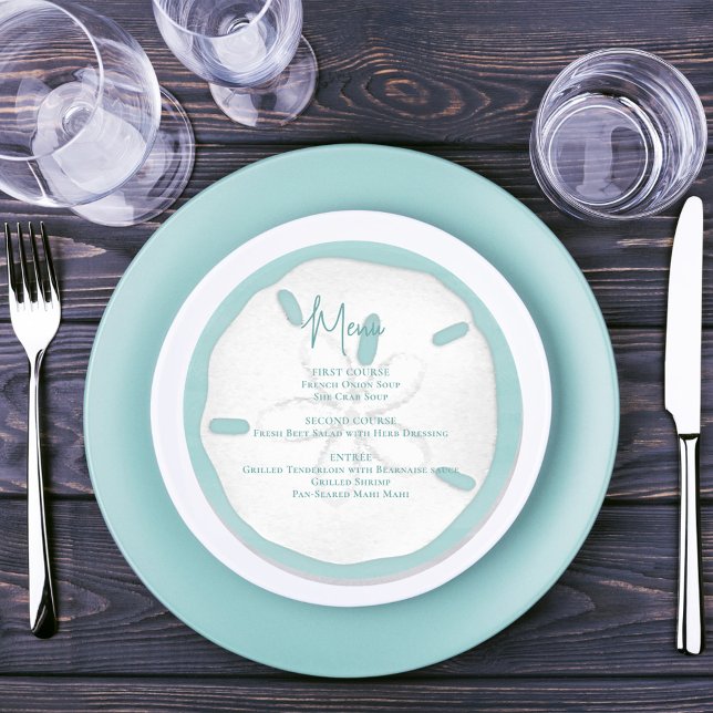 Invitación Menú de bodas de playa Dólar de arena turquesa (Wedding menu card with simple bleach sand dollar)