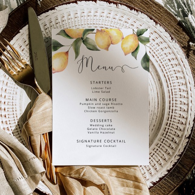 Invitación Menú de bodas elegante de limones acuarelas (Subido por el creador)