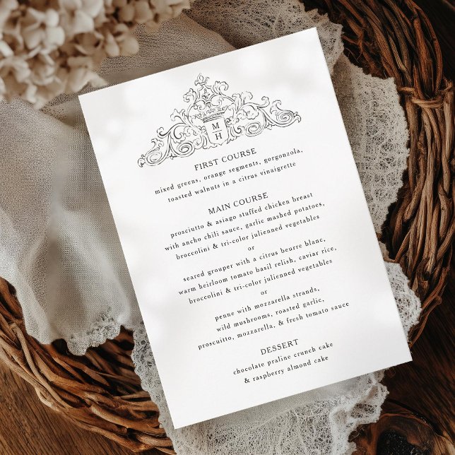 Invitación Menú de cena Boda de Escudo blanco y negro antiguo (Subido por el creador)