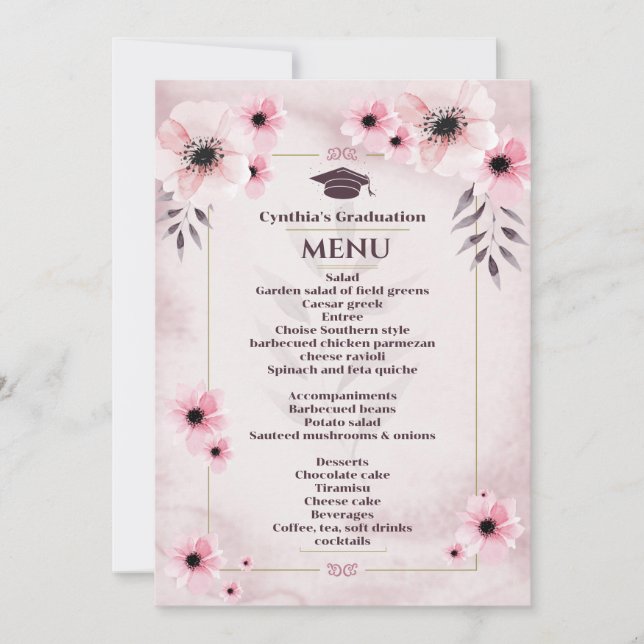 Invitación Menú de cena color agua Rubor de graduación rosa (Anverso)