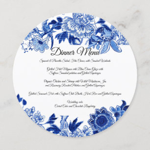 Invitación Menú de cena con flores azules blancas de influenc