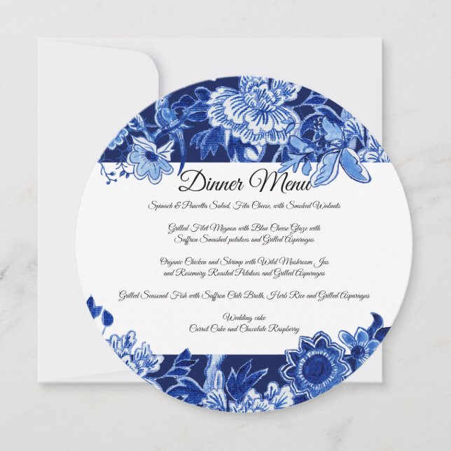 Invitación Menú de cena con flores azules de la Marina china  (Anverso)
