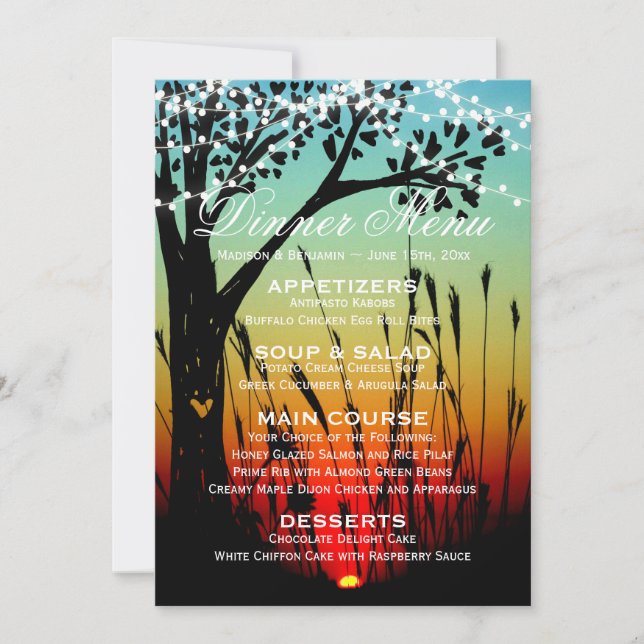 Invitación Menú de cena de boda atardecer con luces de árbol  (Anverso)