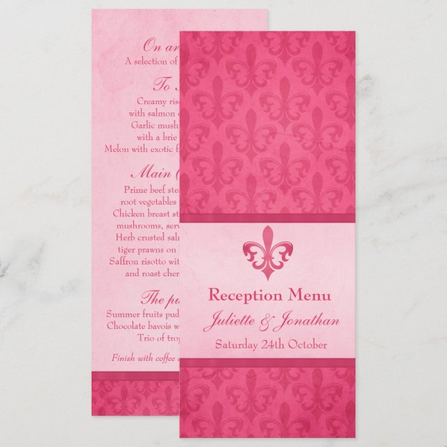 Invitación Menú de cena de bodas de Pink Fleur De Lis (Anverso / Reverso)