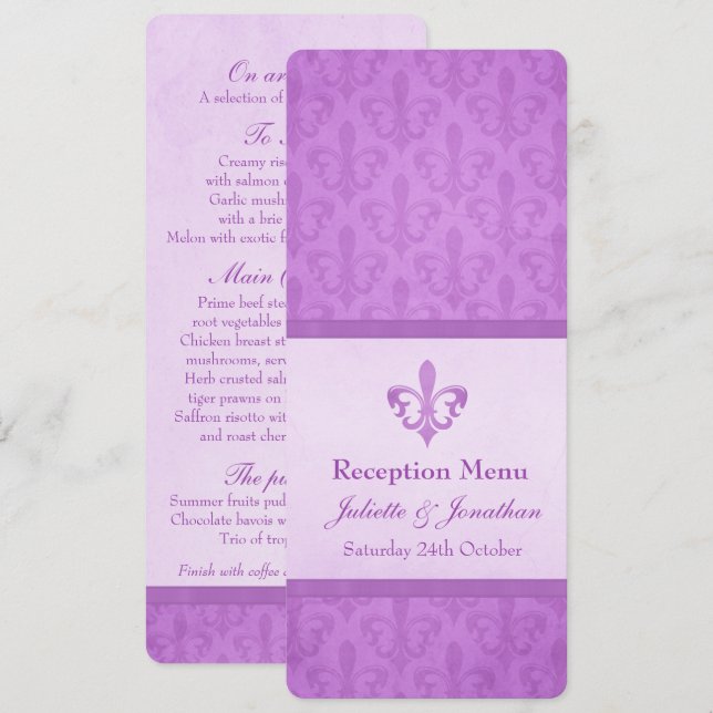 Invitación Menú de cena de bodas de Purple Fleur De Lis (Anverso / Reverso)