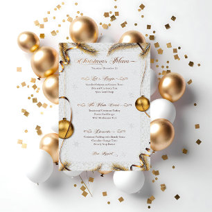 Invitación Menú de cena de Navidades blancos y dorados festiv
