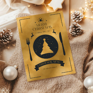 Invitación Menú de cena de Navidades de oro y negro festivo