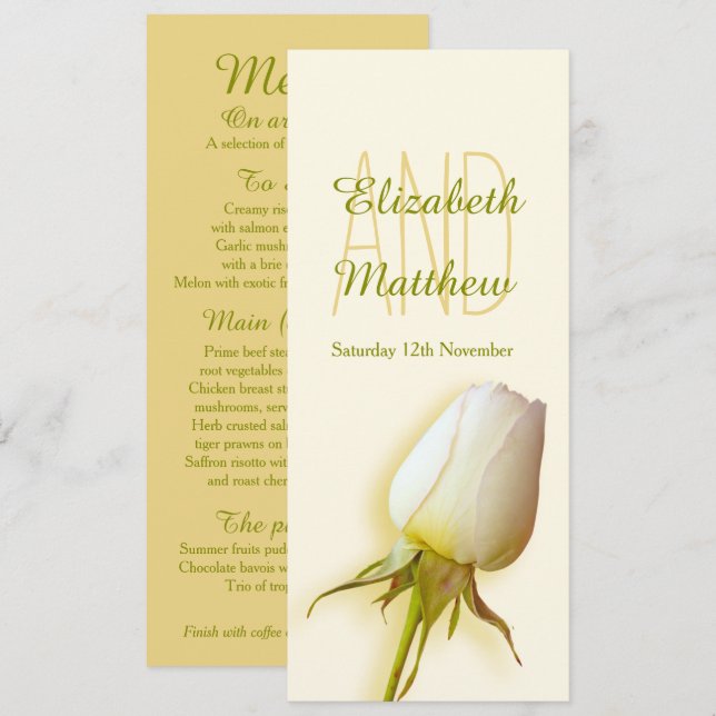 Invitación Menú de cena de recepción de boda con capullo de r (Anverso / Reverso)