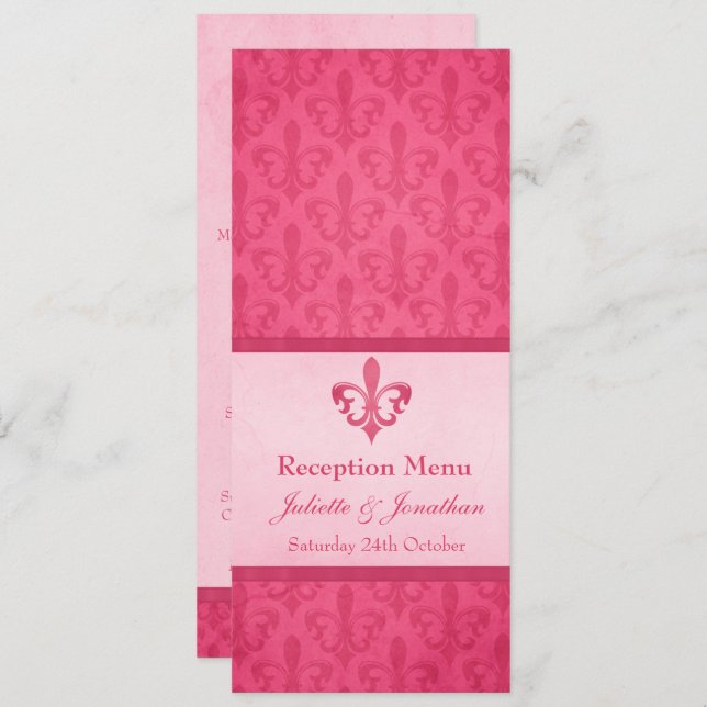 Invitación Menú de cena de recepción de boda Pink Fleur De Li (Anverso / Reverso)