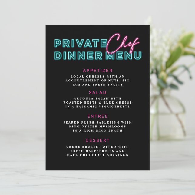 Invitación Menú de cena Neon Blue & Pink Private Chef (Anverso de pie)
