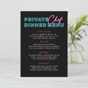 Invitación Menú de cena Neon Blue & Pink Private Chef