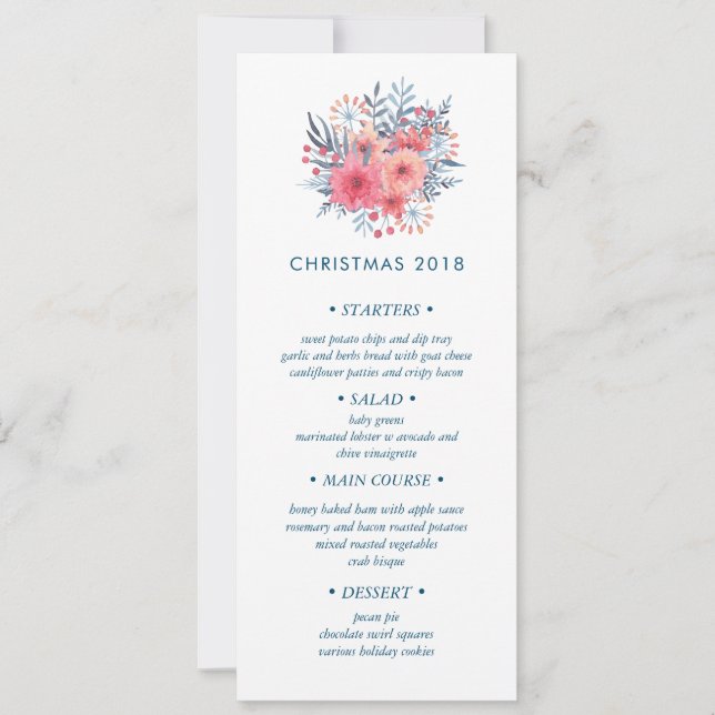 Invitación Menú de cena para Navidades de Bouquet de invierno (Anverso)
