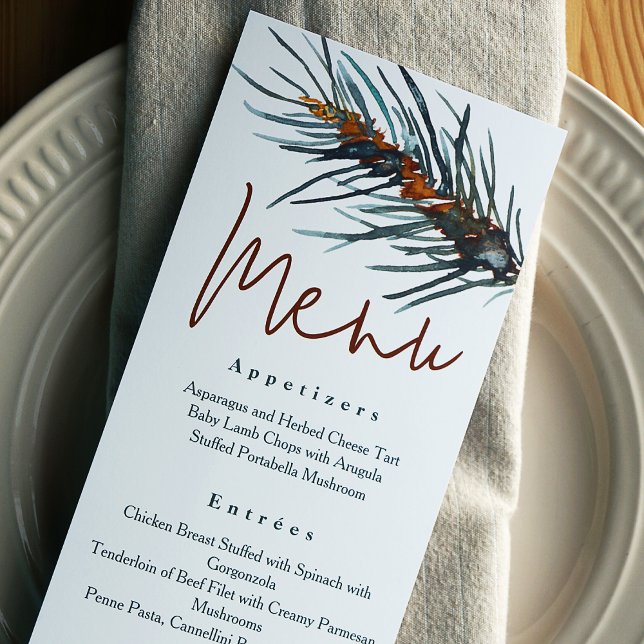Invitación Menú de cena Rústico Verde Pino Needles (Watercolor Pine Needles on a Wedding Reception Dinner  Menu)