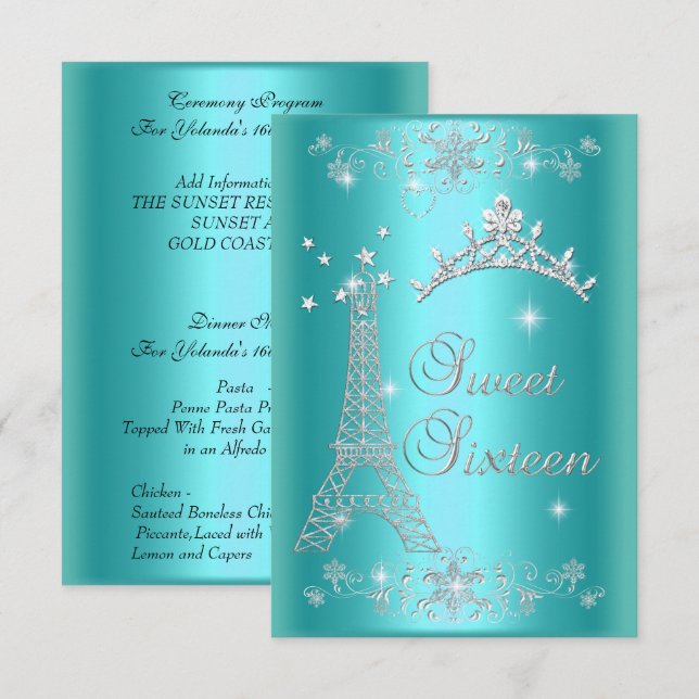 Invitación Menú de Ceremonia y Cena Dulce 16 Azul Verde azula (Anverso / Reverso)