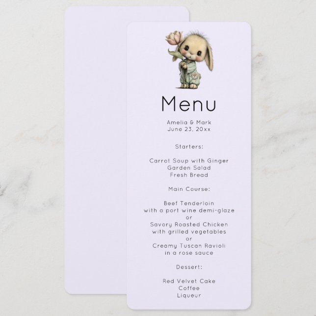 Invitación Menú de conejito lindo sosteniendo un tulipán (Anverso / Reverso)