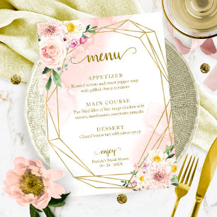 Invitación Menú de ducha de novia dorada floral rosa Rubor