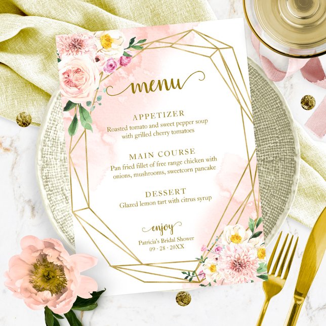Invitación Menú de ducha de novia dorada floral rosa Rubor (Subido por el creador)