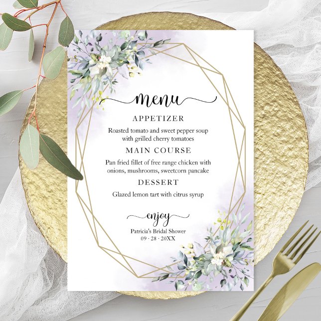 Invitación Menú de ducha de novia geométrica púrpura verde (Subido por el creador)