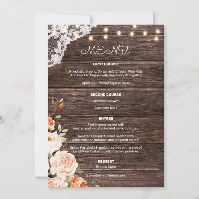 Invitación Menú de Entrada Floral de Encaje de Madera Rosa y  (Anverso)