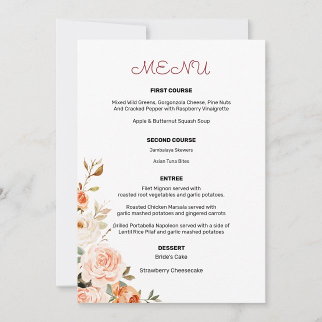 Invitación Menú de Entrada Floral Rosa y Melocotón 2 (Anverso)