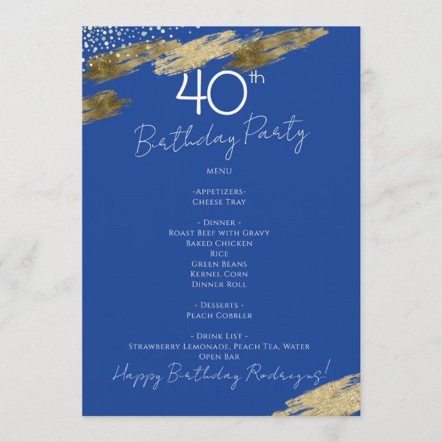 Invitación Menú de Evento Azul y Dorado (Anverso)