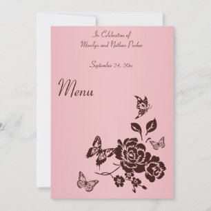 Invitación Menú de Flores Rosadas y Marrones y Mariposas