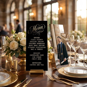 Invitación Menú de Graduación Negro y Dorado   Clase de 2026