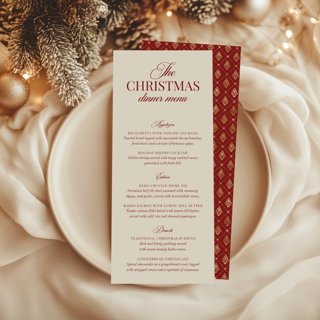 Invitación Menú de imitación de Relieve metalizado dorado y r (Classic Christmas Red & Gold Foil Imitation Menu)