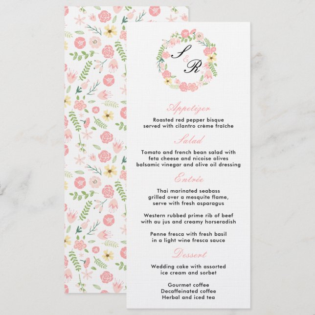 Invitación Menú de la boda del wreath floral monograma (Anverso / Reverso)