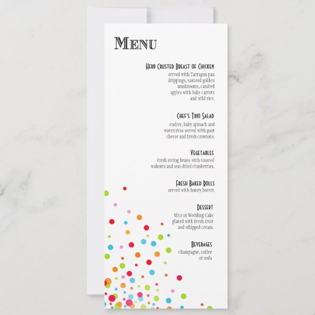 Invitación Menú de la Cena de Celebración con Confeti (Anverso)