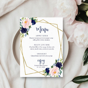 Invitación Menú de la Ducha de Novia con Acuarela Azul Marino