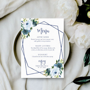 Invitación Menú de la Ducha de Novia con Acuarela Floral Azul