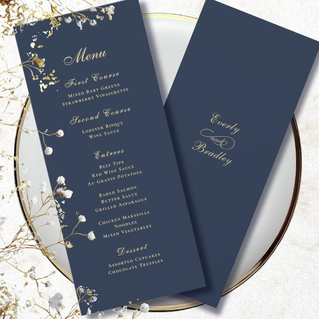 Invitación Menú de letra dorada con fondo azul marino minimal (Subido por el creador)