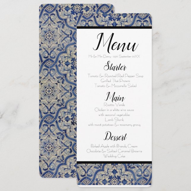 Invitación Menú de mosaicos azules (Anverso / Reverso)