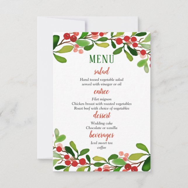 Invitación Menú de Navidad de Bayas de Hojas de Acebo | Boda (Anverso)