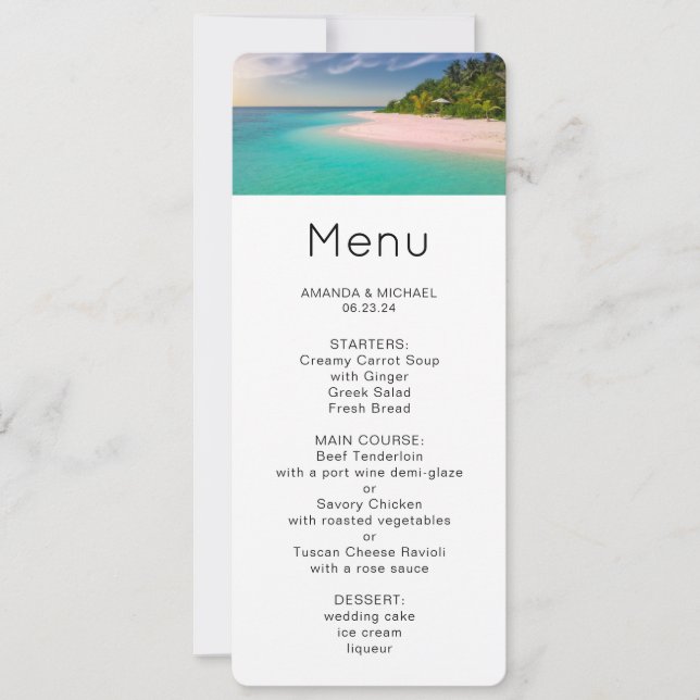 Invitación Menú de playa tropical del océano aguamarina (Anverso)