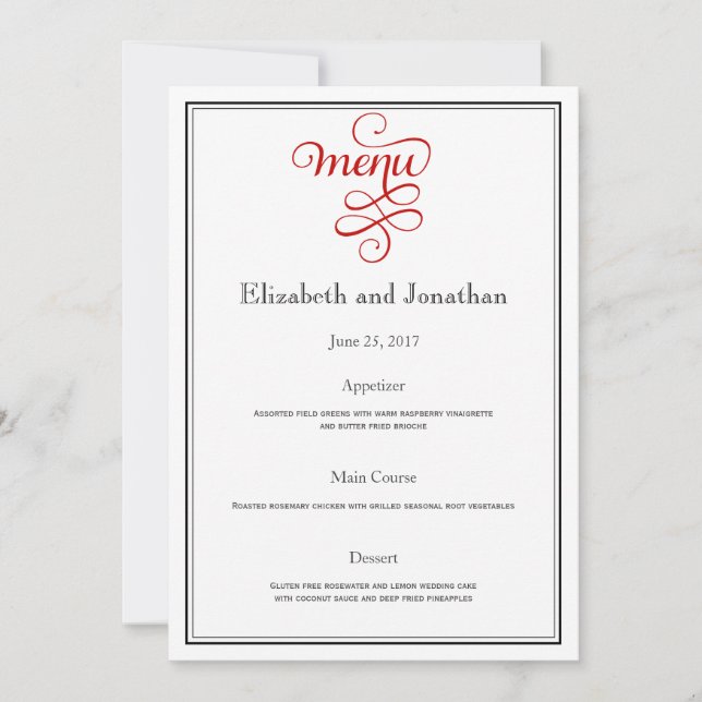 Invitación Menú de recepción con guión rojo de boda (Anverso)