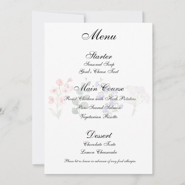 Invitación Menú de recepción de boda boho de flores silvestre (Anverso)