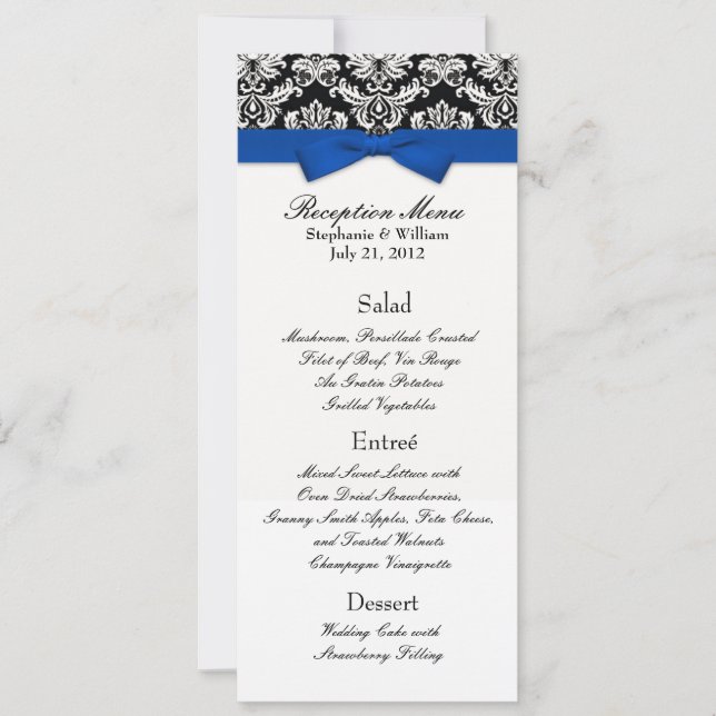 Invitación Menú de recepción de boda con lazo azul y damasco (Anverso)