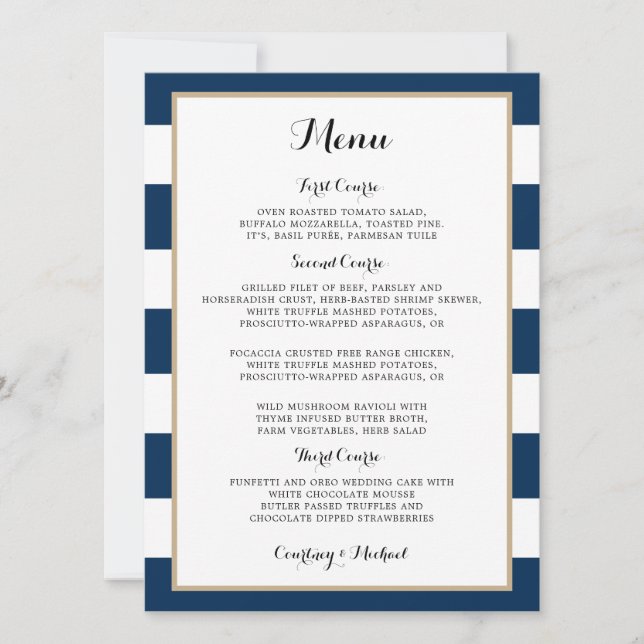 Invitación Menú de recepción de boda con rayas azules marino  (Anverso)