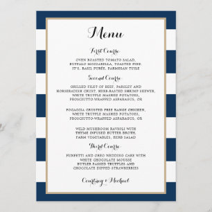 Invitación Menú de recepción de boda con rayas azules marino 