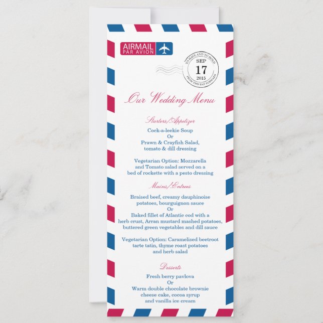 Invitación Menú de recepción de boda de Airmail (Anverso)