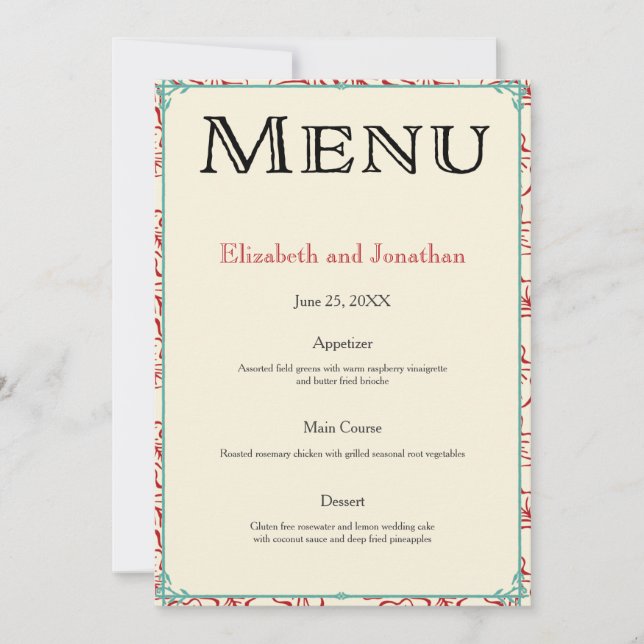 Invitación Menú de recepción de boda de campo rojo y turquesa (Anverso)