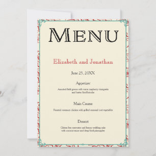 Invitación Menú de recepción de boda de campo rojo y turquesa