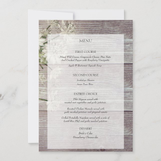 Invitación Menú de recepción de boda floral de madera gris pa (Anverso)