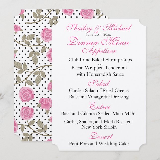 Invitación Menú de recepción de boda rosa/negro (Anverso / Reverso)