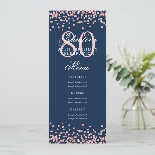 Invitación Menú del 80 cumpleaños Rose Gold Confetti Navy Blu (Anverso de pie)