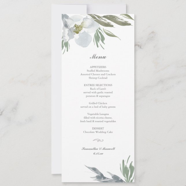 Invitación Menú Dusty Blue Floral Dinner (Anverso)