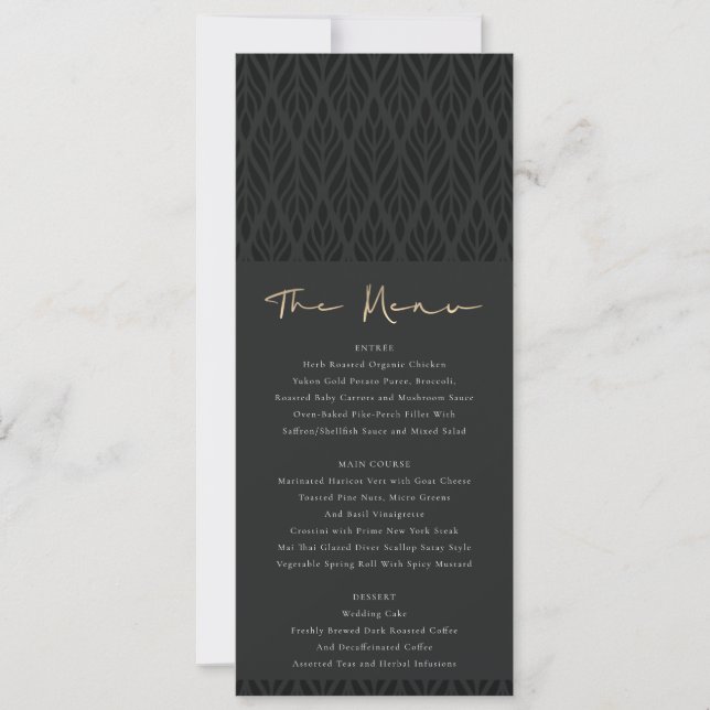 INVITACIÓN MENÚ ELEGANTE BODA DE ORO NEGRO ART DECO MODERNO (Anverso)