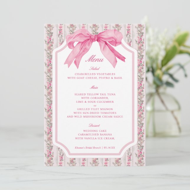 Invitación Menú Fiesta Coquette Floral Pink Bow (Anverso de pie)